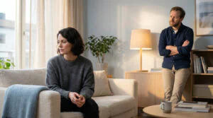 Une femme pensive assise sur un canapé, un homme les bras croisés debout en arrière-plan, illustrant une tension de couple.