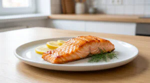 Un filet de saumon doré au four, garni de citron et d'aneth sur une assiette blanche, posé sur une table en bois.