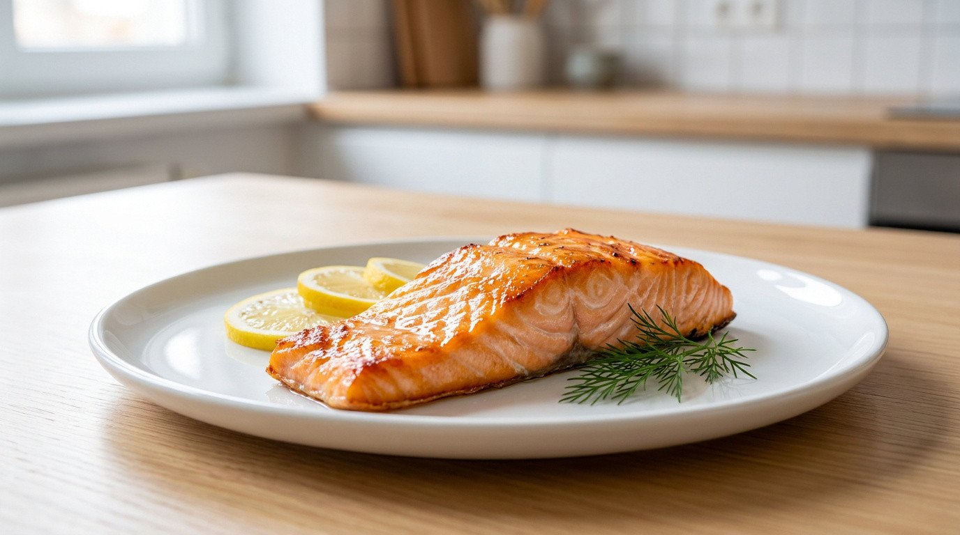 Un filet de saumon doré au four, garni de citron et d'aneth sur une assiette blanche, posé sur une table en bois.