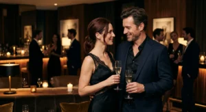 un couple élégant dans une ambiance tamisée, soirée privée libertine
