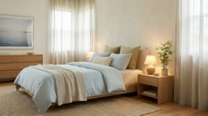 Une chambre Feng Shui lumineuse et apaisante avec un lit bleu clair, mobilier en bois, plante verte et tableau mural.
