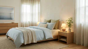 Une chambre Feng Shui lumineuse et apaisante avec un lit bleu clair, mobilier en bois, plante verte et tableau mural.