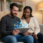 Un couple souriant regarde une tablette numérique qui affiche des formes holographiques flottantes.