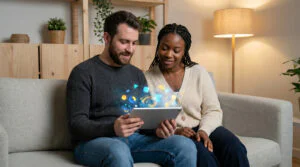 Un couple souriant regarde une tablette numérique qui affiche des formes holographiques flottantes.