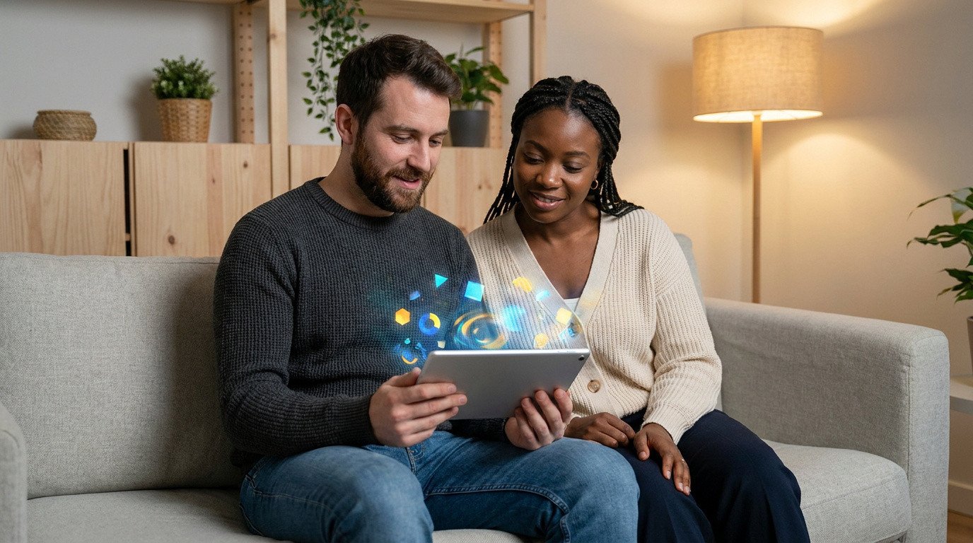 Un couple souriant regarde une tablette numérique qui affiche des formes holographiques flottantes.