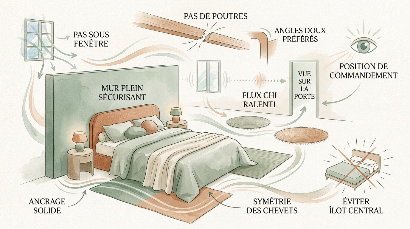 Chambre Feng Shui avec lit adossé à un mur solide et décoration épurée