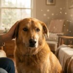 Chien roux caressé par une main humaine, regardant le spectateur dans un salon lumineux et chaleureux avec des poussières.