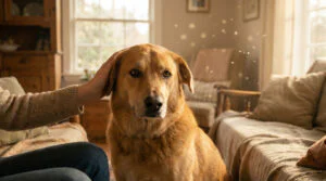 Chien roux caressé par une main humaine, regardant le spectateur dans un salon lumineux et chaleureux avec des poussières.