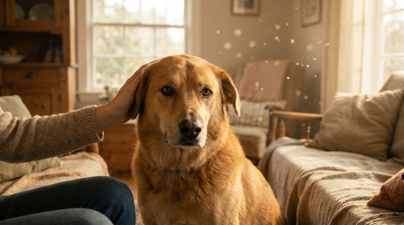 Chien roux caressé par une main humaine, regardant le spectateur dans un salon lumineux et chaleureux avec des poussières.