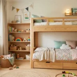 modern kids bedroom with a 160x70 bunk bed made of natural wood, minimalist Scandinav