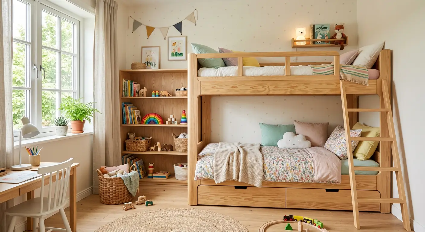modern kids bedroom with a 160x70 bunk bed made of natural wood, minimalist Scandinav