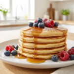 Une pile de pancakes dorés nappés de sirop d'érable avec des myrtilles et des framboises fraîches sur une table en bois.