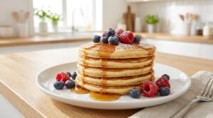 Une pile de pancakes dorés nappés de sirop d'érable avec des myrtilles et des framboises fraîches sur une table en bois.