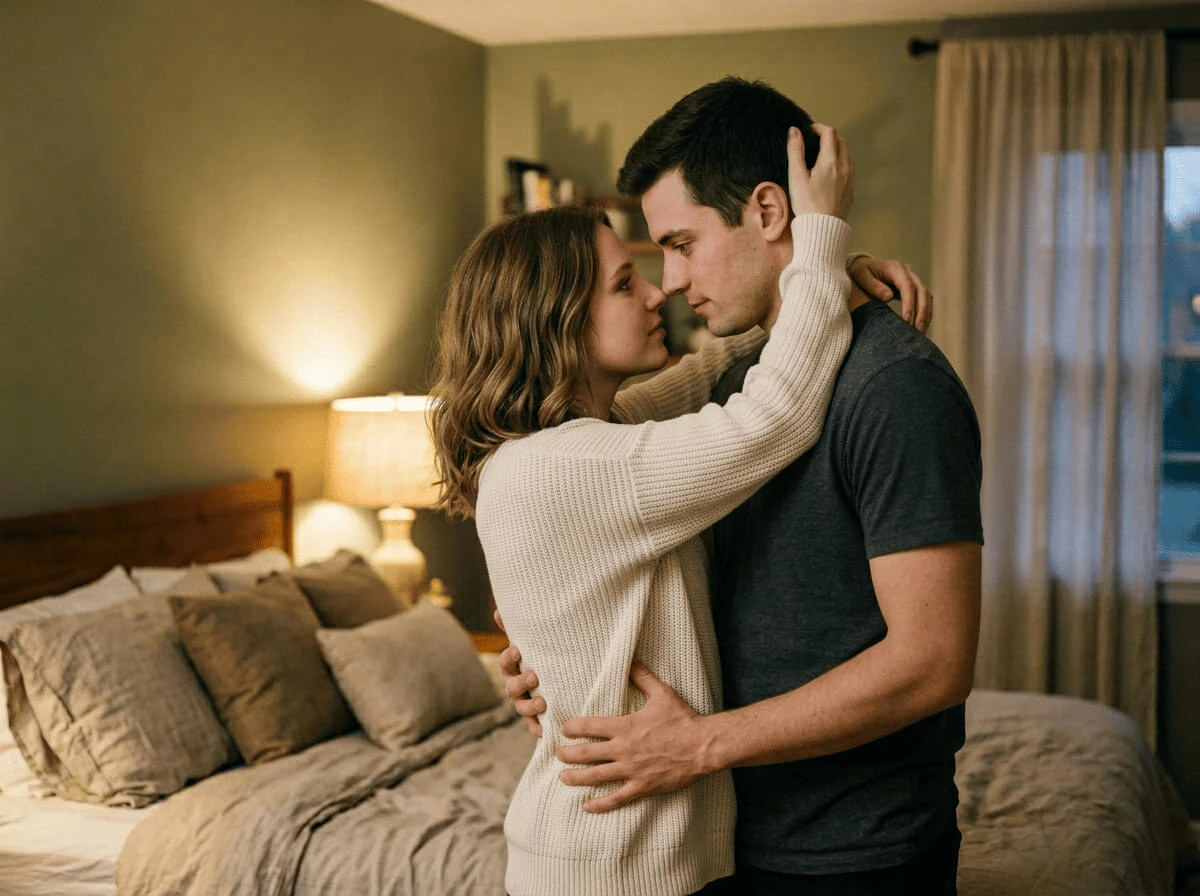 A close intimate moment between a young couple, soft sensual lighting, a hand gently resting on the waist
