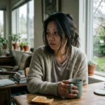 Femme triste avec un café