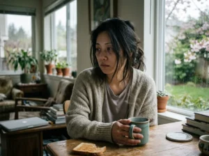 Femme triste avec un café
