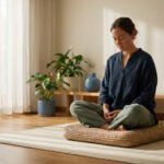 Une femme méditant paisiblement assise en tailleur sur un coussin en osier dans une pièce lumineuse et décorée de plantes.