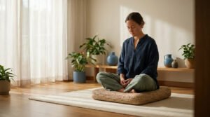 Une femme méditant paisiblement assise en tailleur sur un coussin en osier dans une pièce lumineuse et décorée de plantes.
