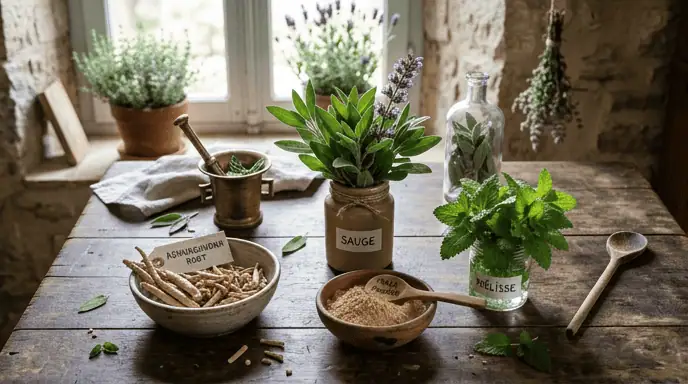 plantes médicinales adaptogènes équilibre hormonal femme ashwagandha maca sauge