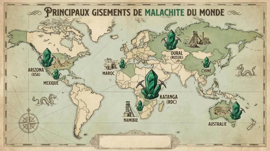 carte gisements malachite monde Congo Russie Australie