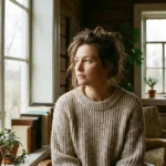 femme HPI pensive regardant par la fenêtre, lumière naturelle