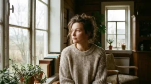 femme HPI pensive regardant par la fenêtre, lumière naturelle