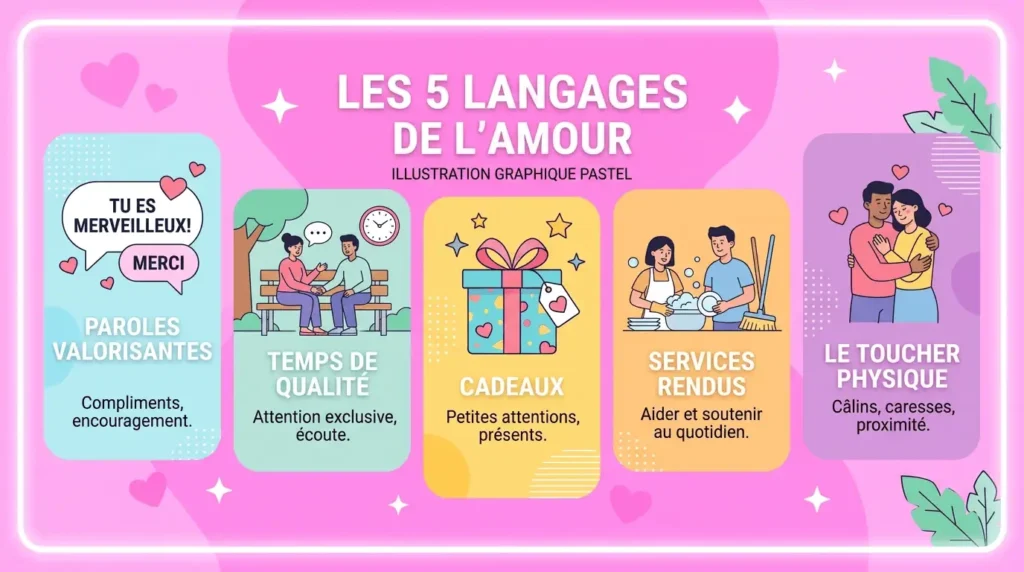illustration des 5 langages de lamour paroles cadeaux service toucher temps