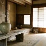 wabi sabi style intérieur japonais avec poterie kintsugi et bois brut naturel