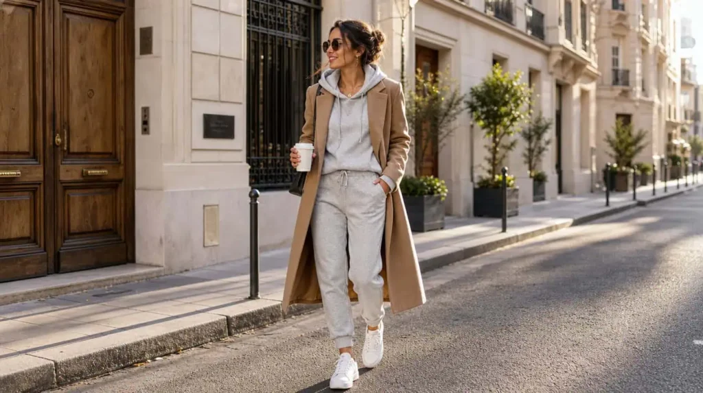 jogging de ville femme avec blazer sneakers look chic urbain