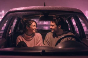 couple s'apprêtant à faire l'amour en voiture dans une ambiance tamisée