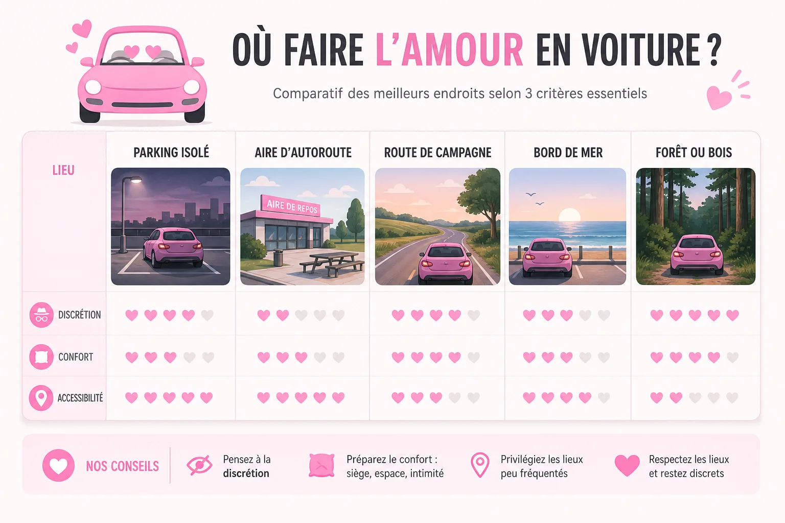 Où faire l'amour en voiture en toute discrétion tableau comparatif des meilleurs lieux pour faire l'amour en voiture