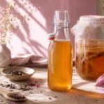 kombucha bienfaits thé fermenté et SCOBY sur table en bois