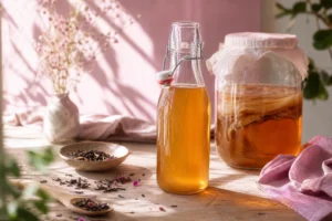 kombucha bienfaits thé fermenté et SCOBY sur table en bois