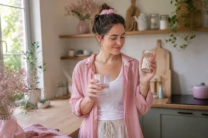 magnesium bisglycinate en gélules tenu par une femme dans une cuisine lumineuse