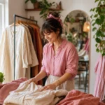 femme choisissant des vêtements de mode éthique femme en boutique seconde main