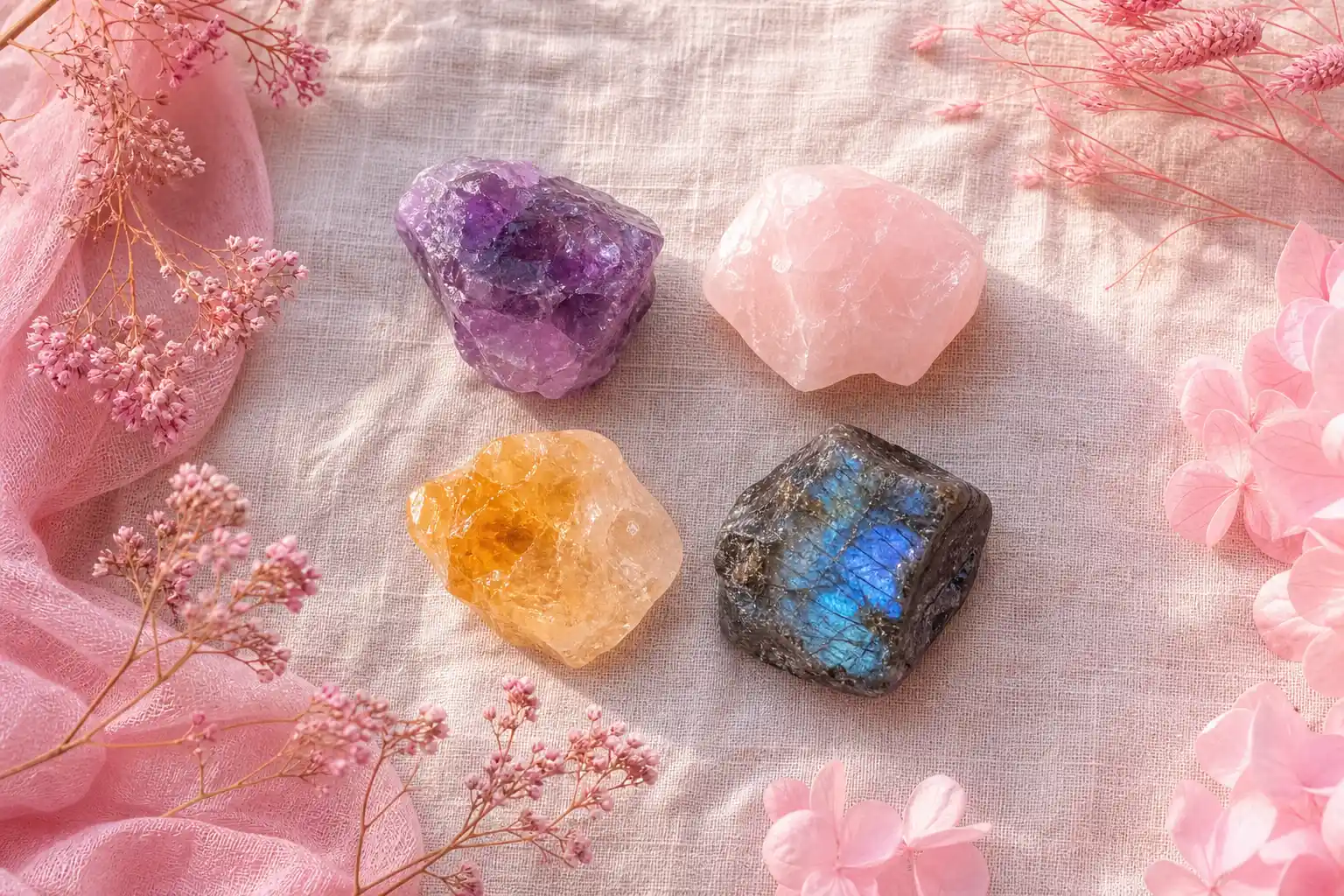 Les 4 pierres essentielles pour débuter principales pierres du bien être par les pierres améthyste quartz rose citrine labradorite