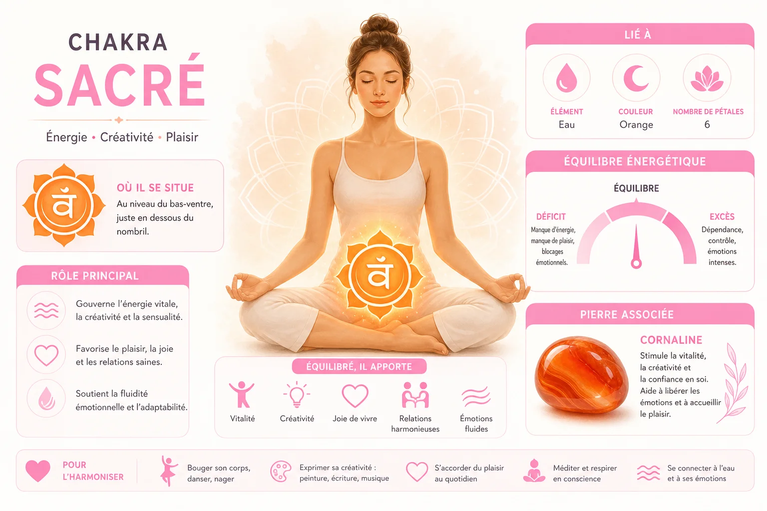 Cornaline et chakra sacré : schéma des bienfaits physiques Lien entre cornaline, chakra sacré et énergie vitale du corps