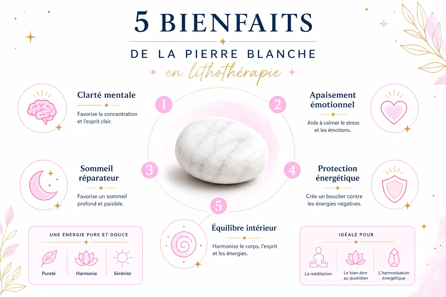 5 bienfaits clés de la pierre blanche infographie des bienfaits de la pierre blanche en lithothérapie
