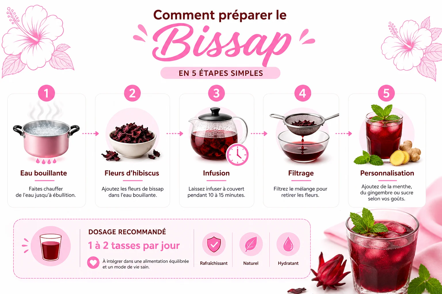 Infographie étapes de préparation du bissap et dosage pour ses bienfaits