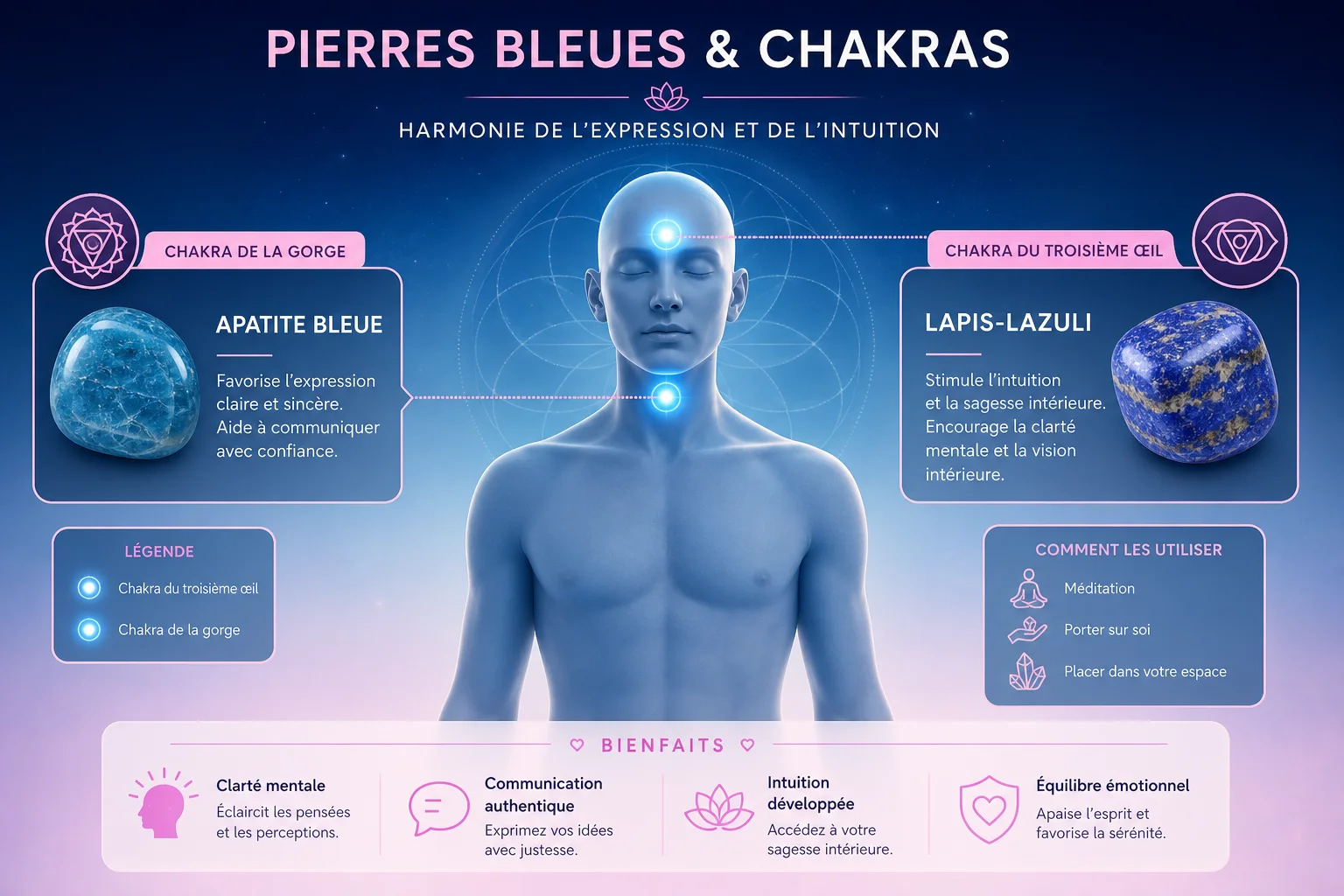 Pierre bleue : schéma des chakras associés pierre bleue et chakras de la gorge et du troisième œil
