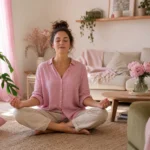 Femme pratiquant la relaxation dans un salon lumineux et apaisant